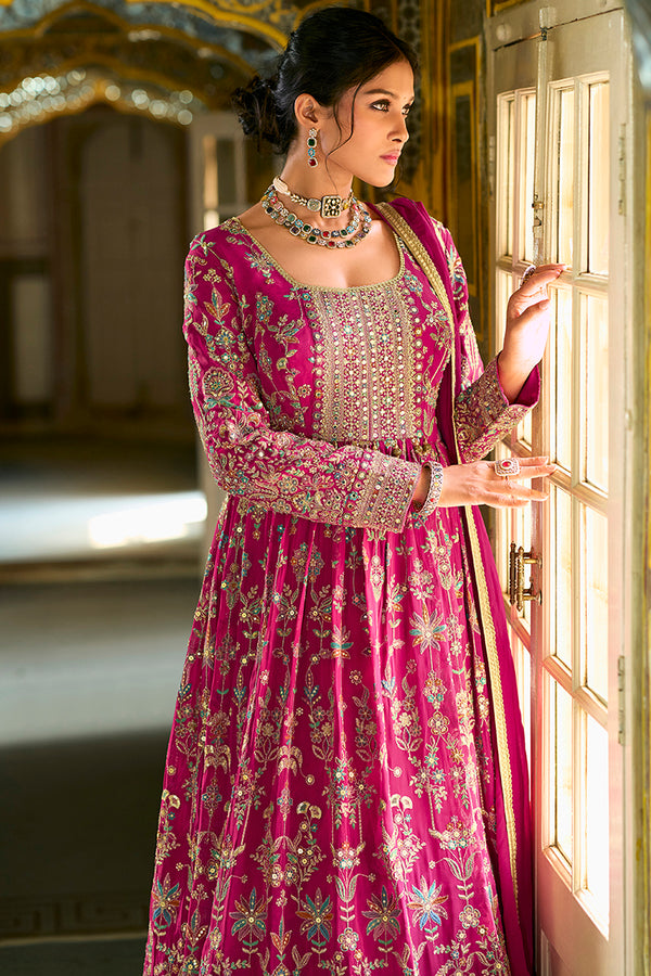 Pink Georgette Embroidered With Hand Work Gown With Dupatta VKSET1542