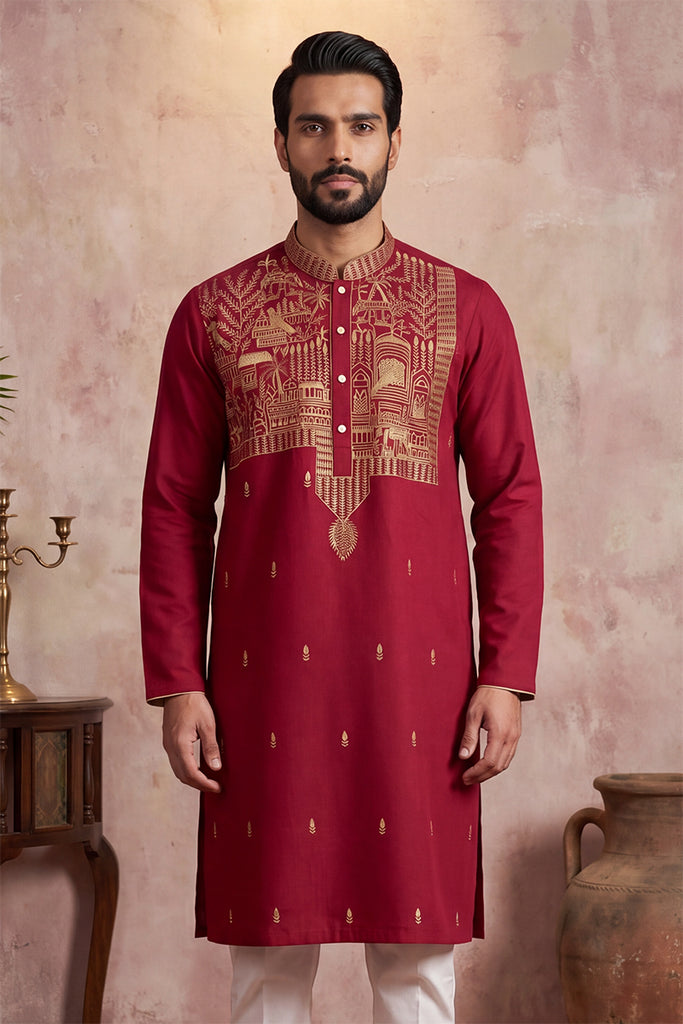 Red Silk Blend Solid Emboidered Straight Kurta MKU2375