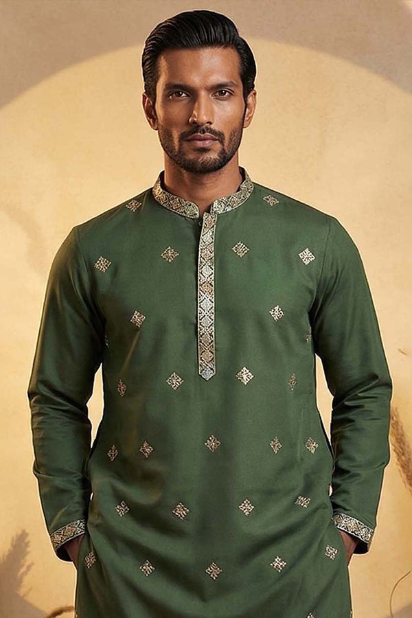 Silk Blend Green Solid Embroidered Calf Length Straight Kurta With Trousers MKSET2101