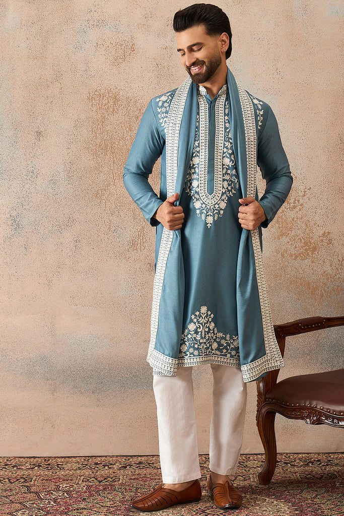 Blue Silk Blend Woven Design Floral Straight Kurta Sets MKPD1039
