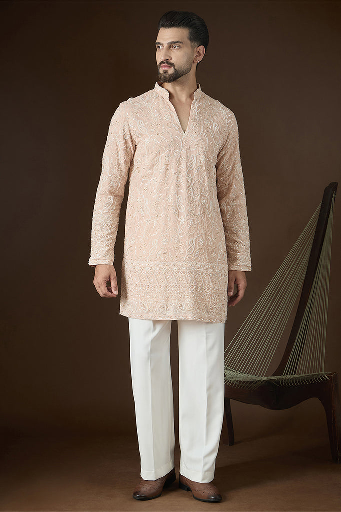 Peach Georgette Solid Embroidered V-Neck Kurta With Trouser MKSET2830