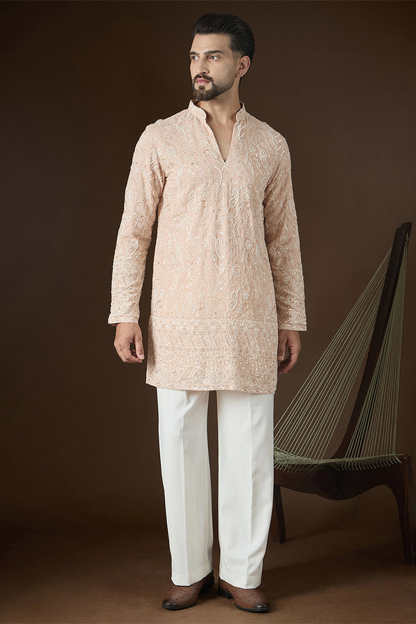 Peach Georgette Solid Embroidered V-Neck Kurta With Trouser MKSET2830