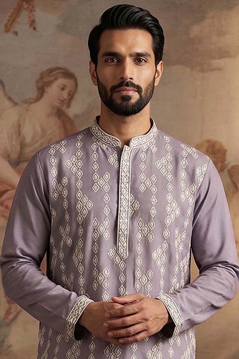Silk Blend Lavender Solid Embroidered Calf Length Straight Kurta MKU2090