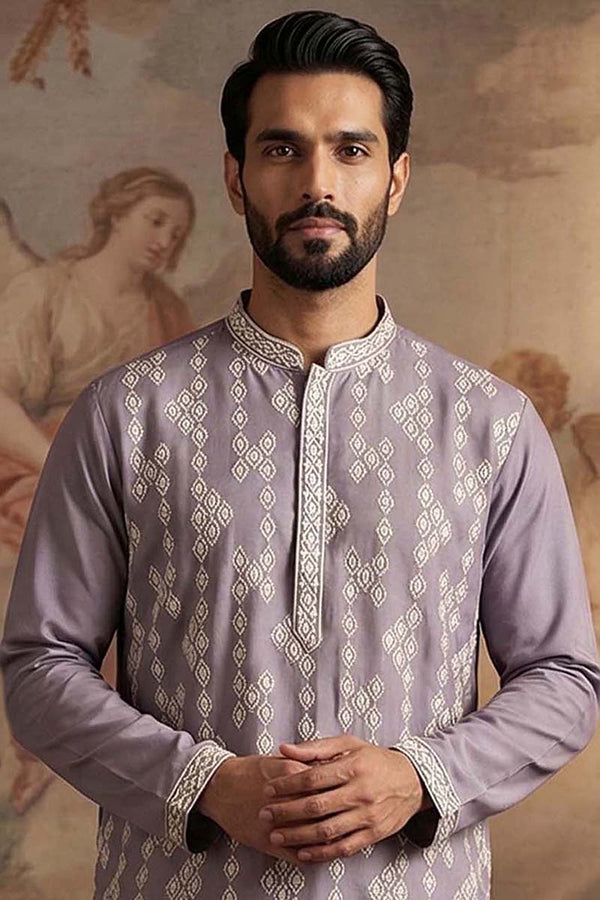 Silk Blend Lavender Solid Embroidered Calf Length Straight Kurta MKU2090