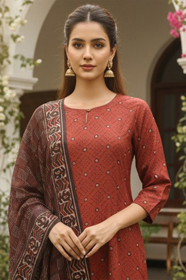 Red Cotton Blend Geometric Printed Straight Kurta Trousers With Dupatta VKSKD2414