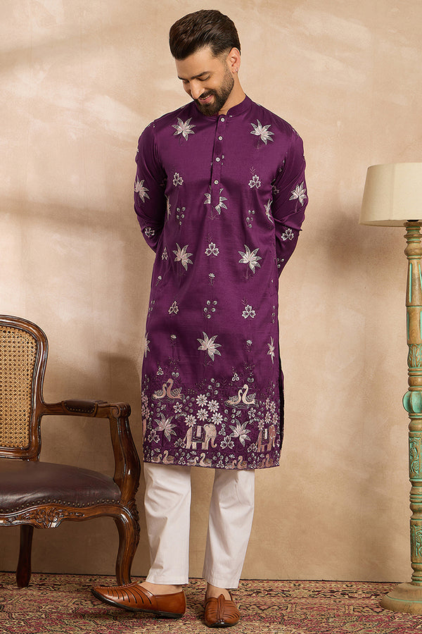Purple Polyester Solid Embroidered Straight Kurta With Trouser MKSET1834
