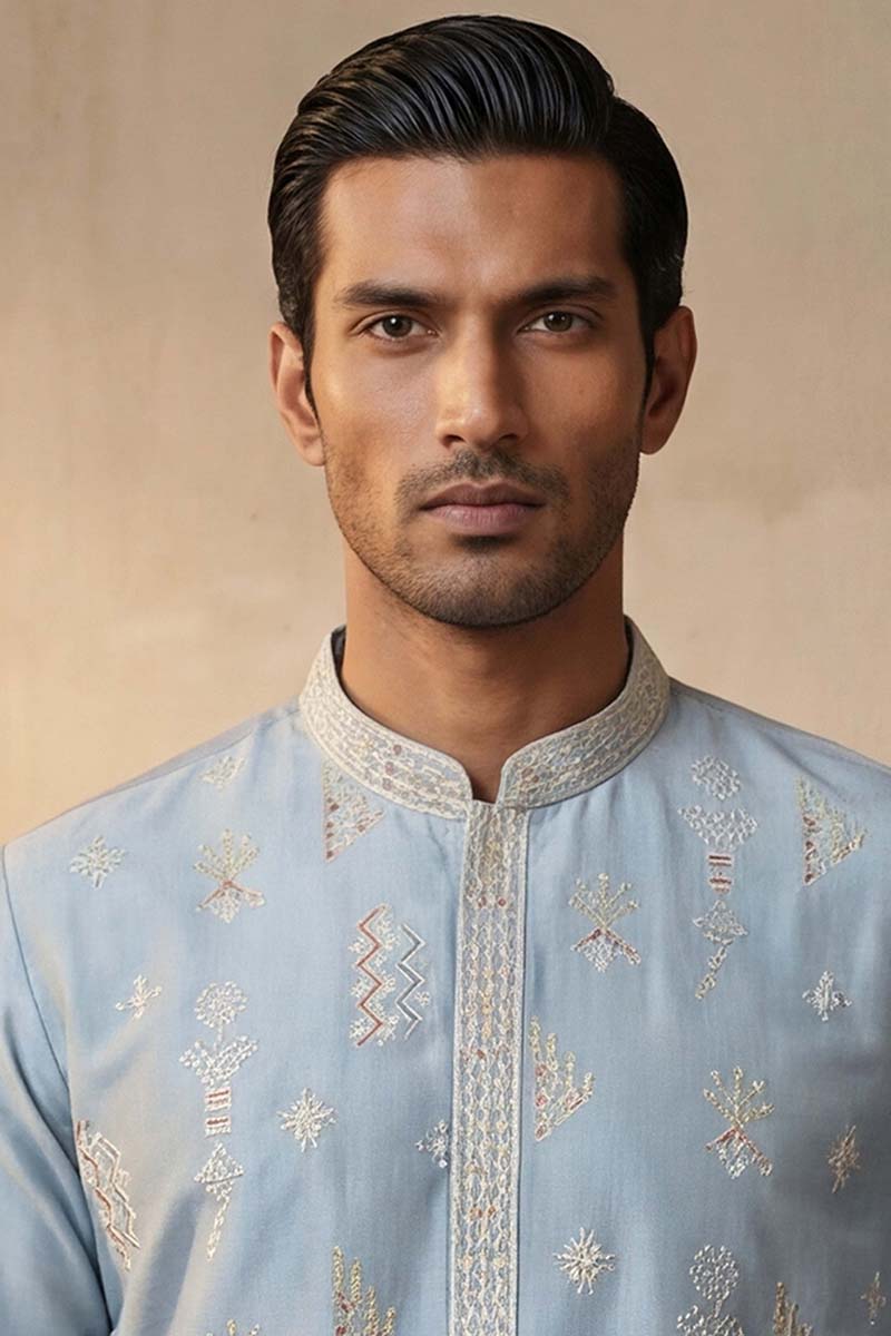 Silk Blend Blue Solid Embroidered Calf Length Straight Kurta With Trousers MKSET2141