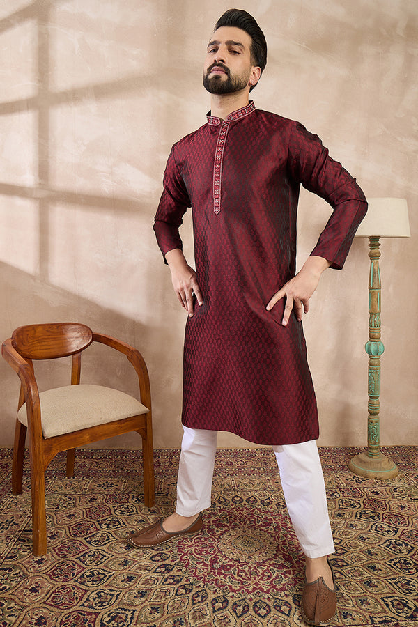Maroon Silk Blend Solid Woven Design Straight Kurta MKU1896
