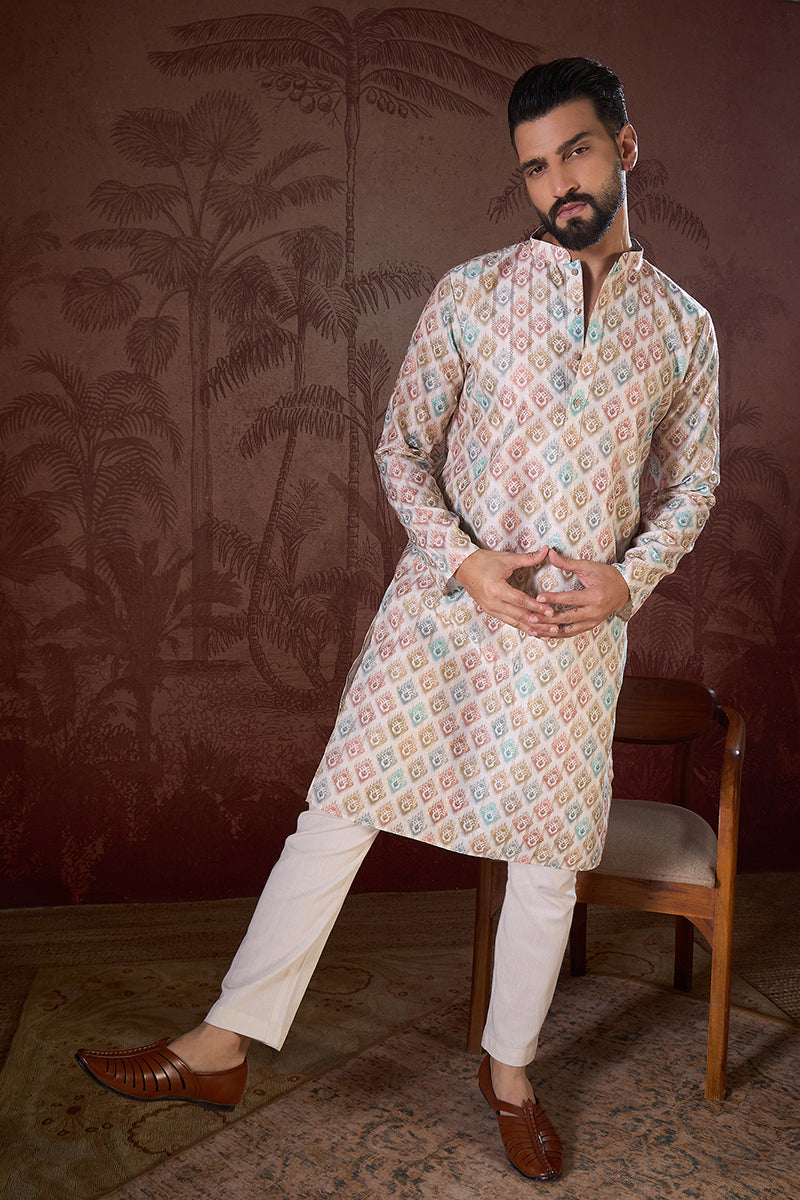 White Silk Blend Ethnic Motifs Printed Straight Kurta MKU1924