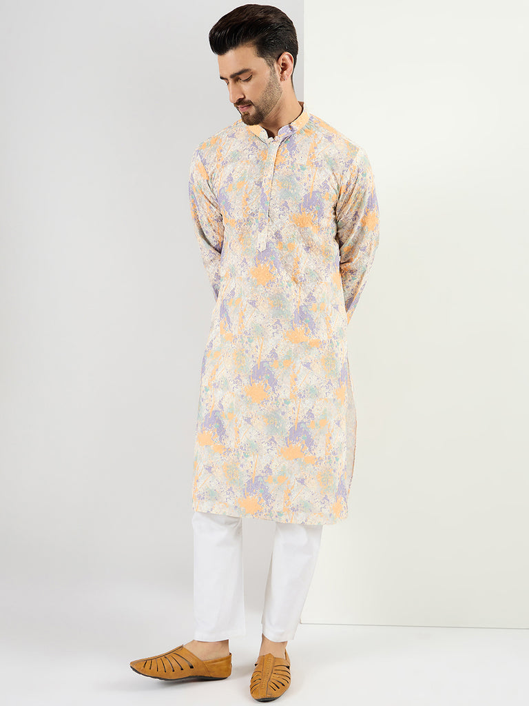 Ethnic Bay Men Off White Viscose Rayon Abstract Embroidered Chikankari Straight Kurta MKU1063