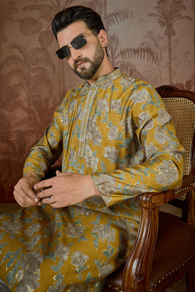 Mustard Silk Blend Floral Embroidered Kurta With Trouser MKSET2505