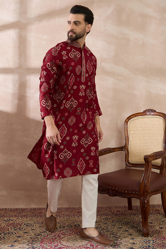 Red Silk Blend Printed Mandarin Collar Straight Kurta MKU1988