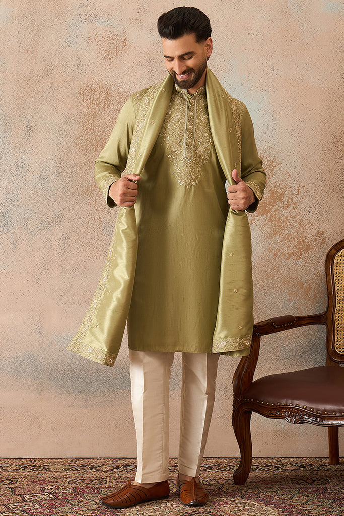 Green Zari Embroidered Silk Blend Kurta with Dupatta MKUD1046