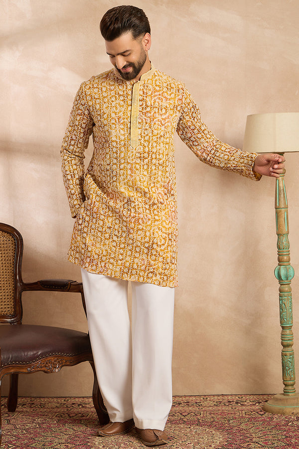 Yellow Viscose Rayon Batik Embroidered Straight Kurta MKU1656