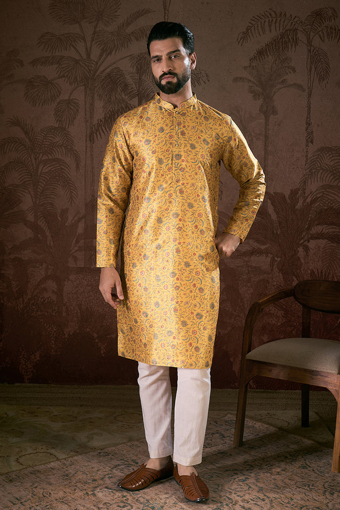 Yellow Silk Blend Floral Printed Straight Kurta With Trouser MKSET1946