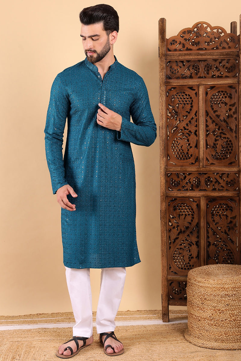 Teal Viscose Rayon Solid Embroidered Straight Kurta For Men MKU1022TIL