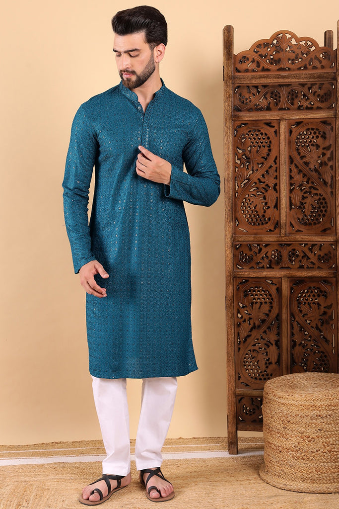 Teal Viscose Rayon Solid Embroidered Straight Kurta For Men MKU1022TIL