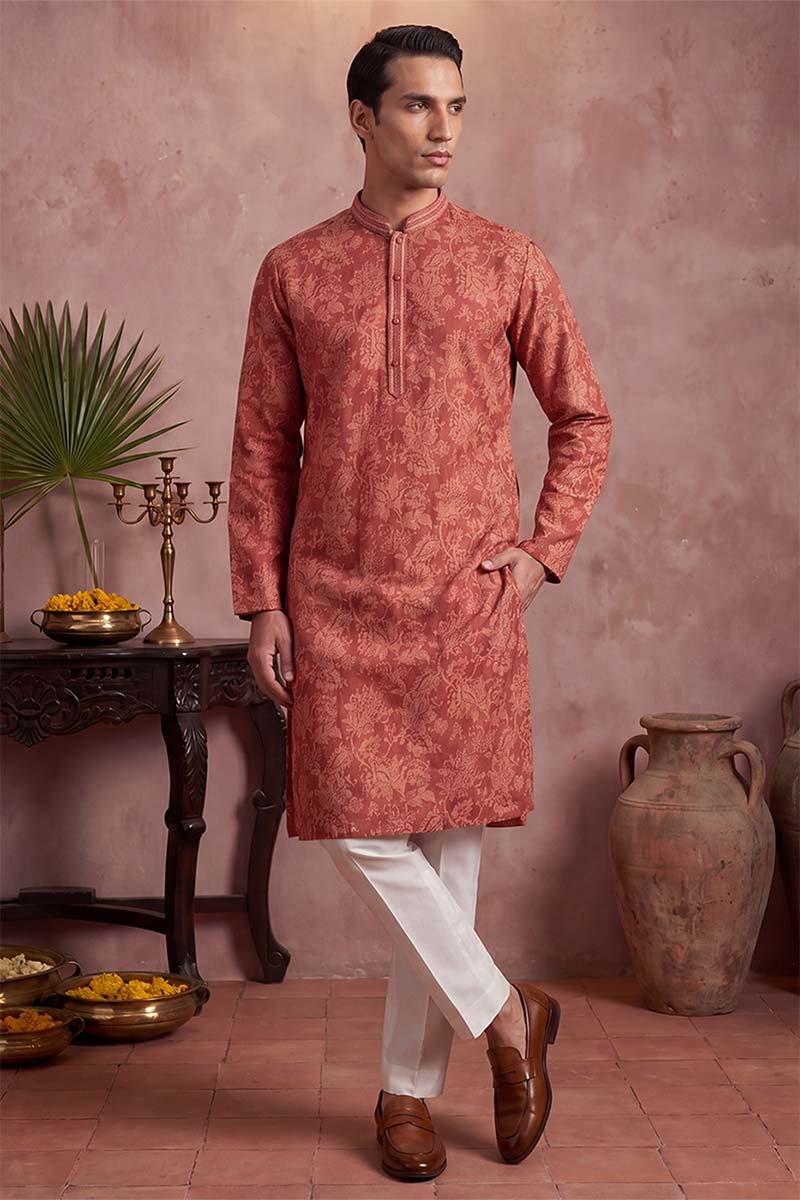 Red Silk Blend Floral Printed Kurta With Trousers MKSET1979