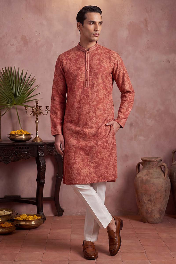 Red Silk Blend Floral Printed Kurta With Trousers MKSET1979
