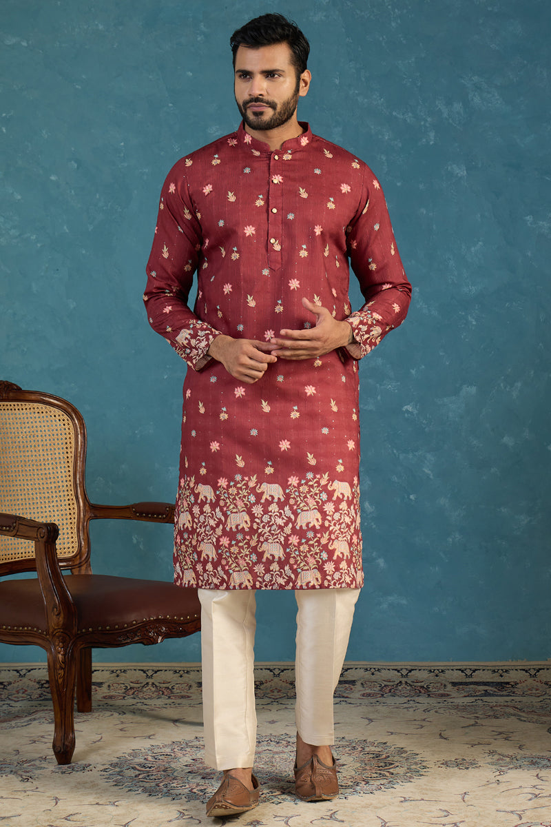 Maroon Silk Blend Woven Design Calf Length Straight Regular Kurta MKU2368