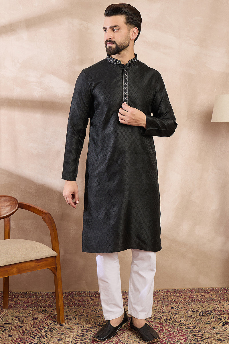 Black Silk Blend Solid Woven Design Straight Kurta With Trouser MKSET1854