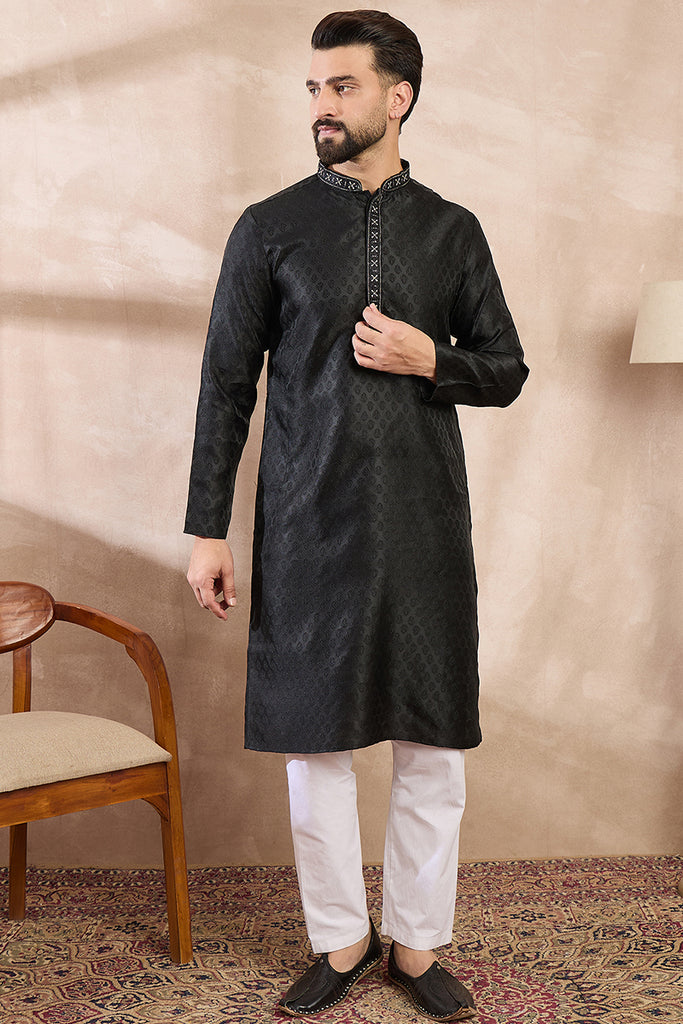 Black Silk Blend Solid Woven Design Straight Kurta With Trouser MKSET1854