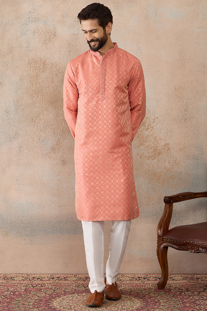 Coral Jacquard Ethnic Motifs Embroidered Kurta With Trouser MKSET2491