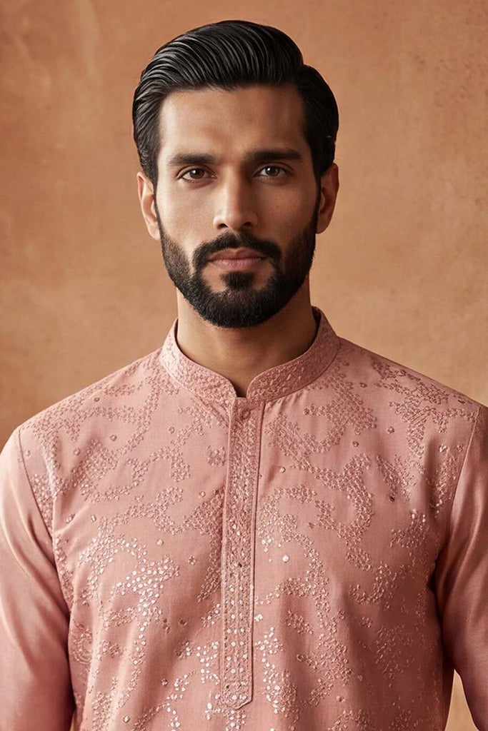 Silk Blend Peach Solid Embroidered Calf Length Straight Kurta With Trousers MKSET2136