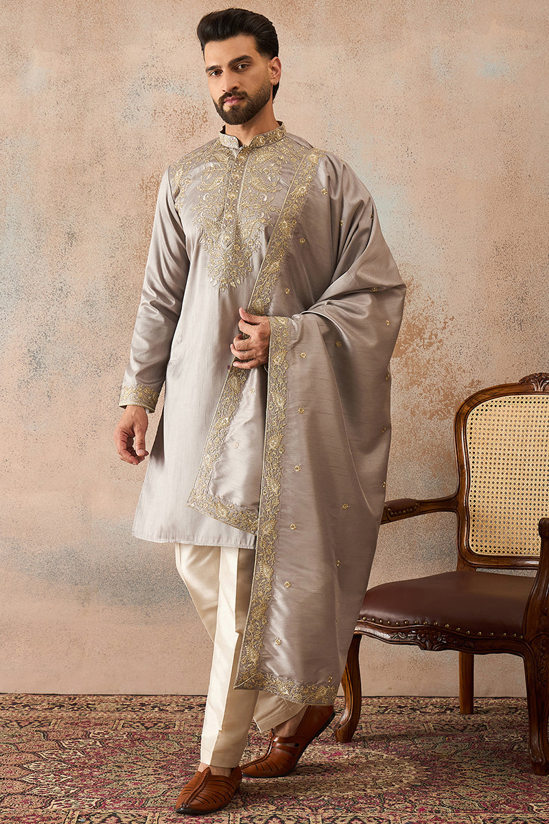 Grey Silk Blend Embroidered Ethnic Kurta with Trousers & Dupatta MKPD1044