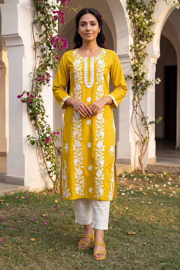 Yellow Viscose Rayon Solid Embroidered Regular Kurta VCK9816