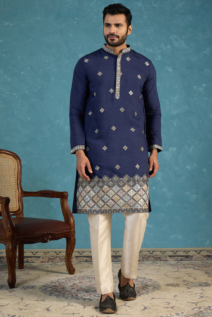 Silk Blend Blue Solid Embroidered Calf Length Straight Kurta With Trousers MKSET2099