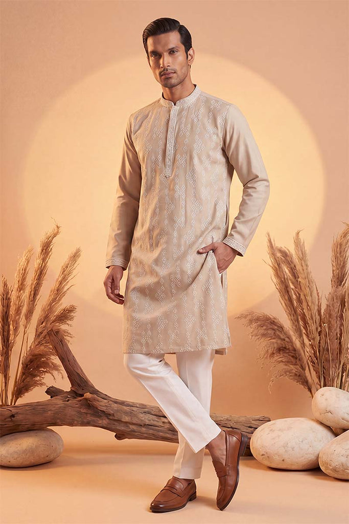 Beige Silk Blend Solid Embroidered Kurta With Trousers MKSET2089