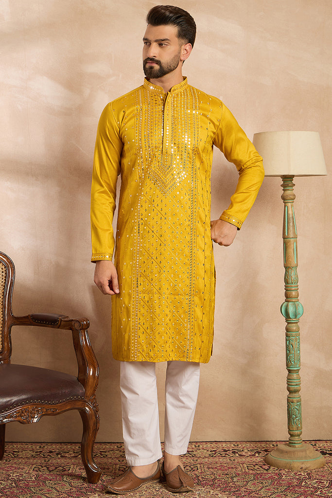 Yellow Silk Blend Geometric Embroidered Straight Kurta MKU1688