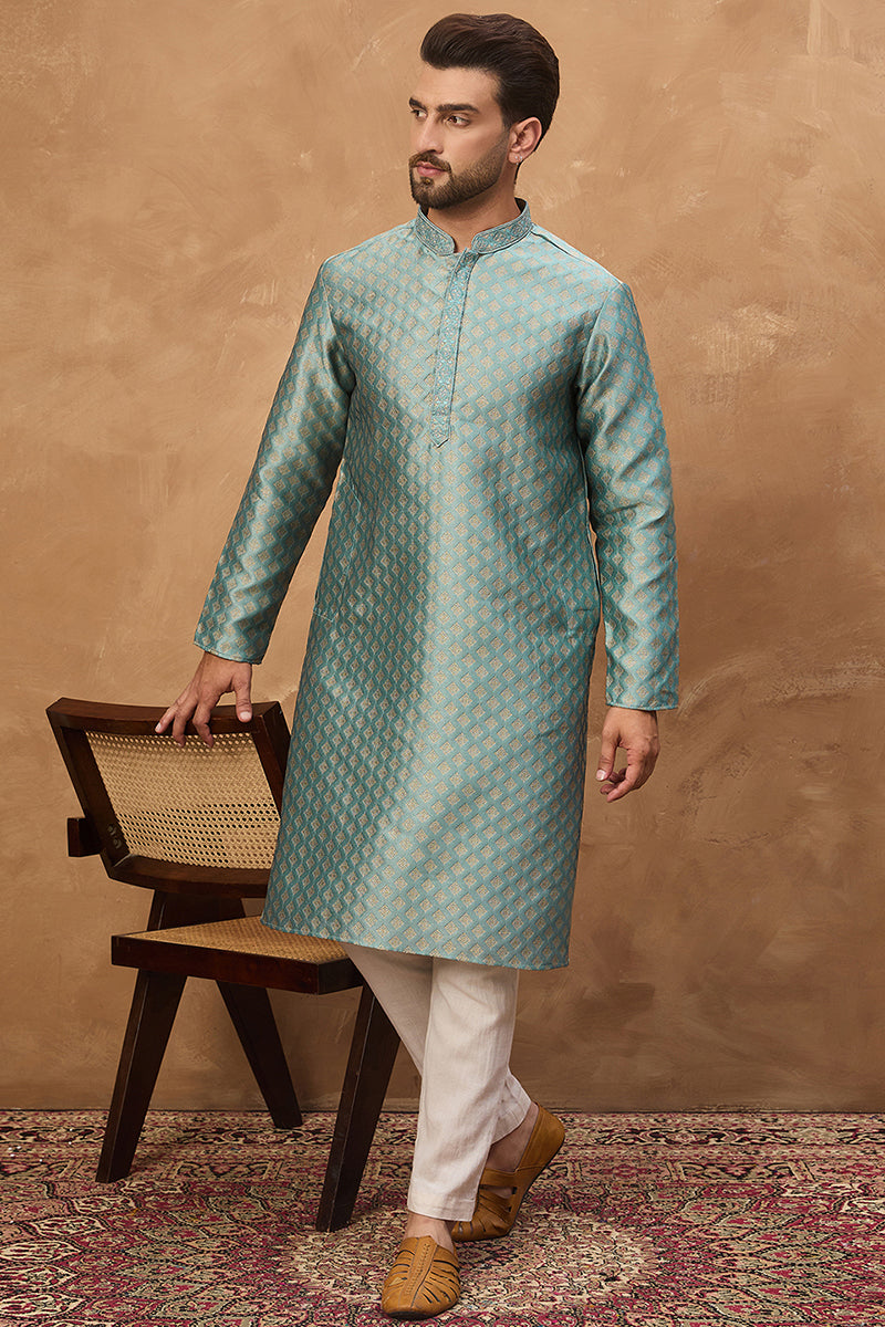 Blue Silk Blend Solid Woven Design Straight Kurta MKU1457