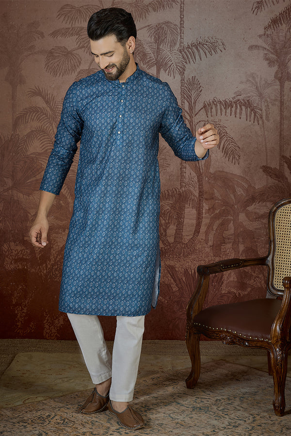 Blue Linen Floral Print Regular Kurta With Trouser MKSET2433
