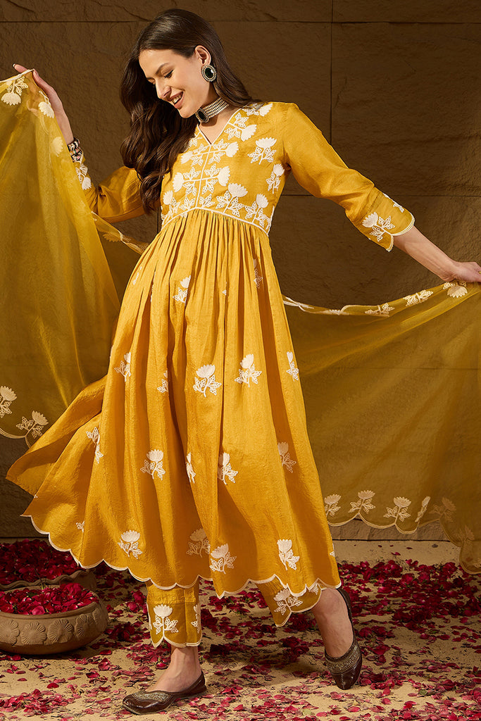 Yellow Silk Blend Solid Embroidered A-Line Kurta Trouser With Dupatta PKSKD2826