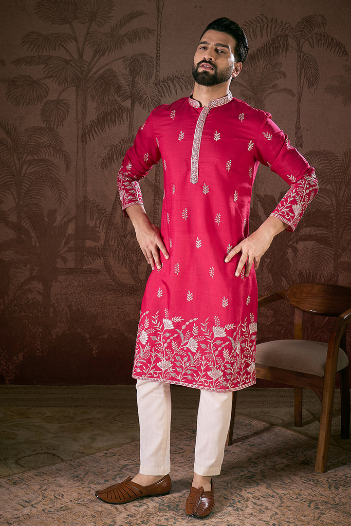 Pink Silk Blend Solid Embroidered Straight Kurta With Trouser MKSET1943