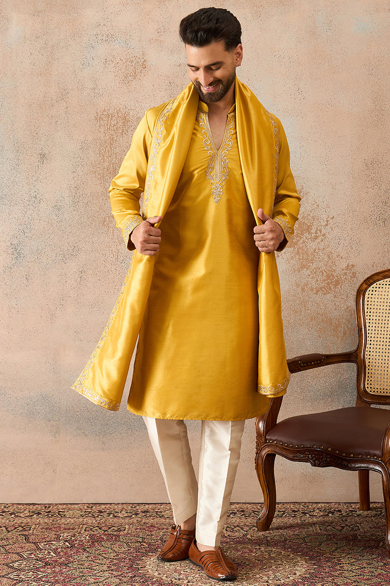 Yellow Silk Blend Solid Embroidered Kurta With Dupatta MKUD1022