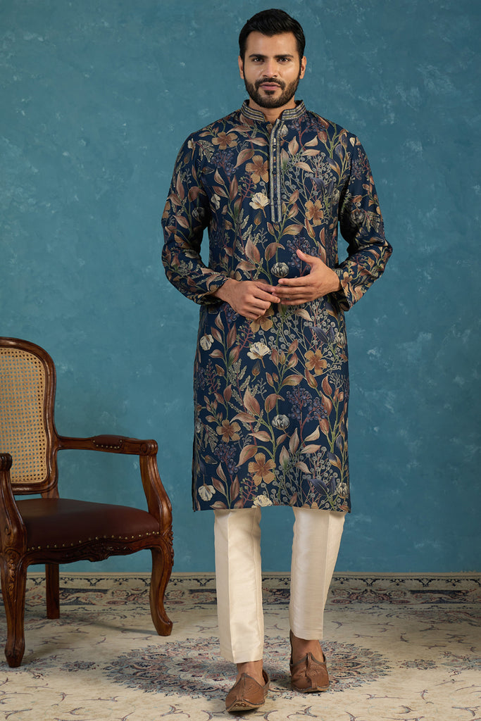 Blue Modal Floral Printed Calf Length Straight Regular Kurta With Trouser MKSET1978