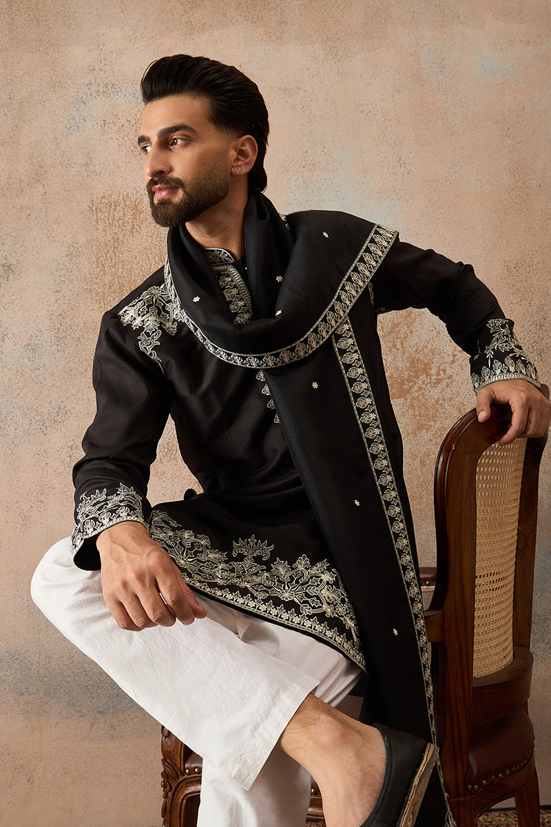 Black Silk Blend Solid Embroidered Kurta With Dupatta MKUD1012