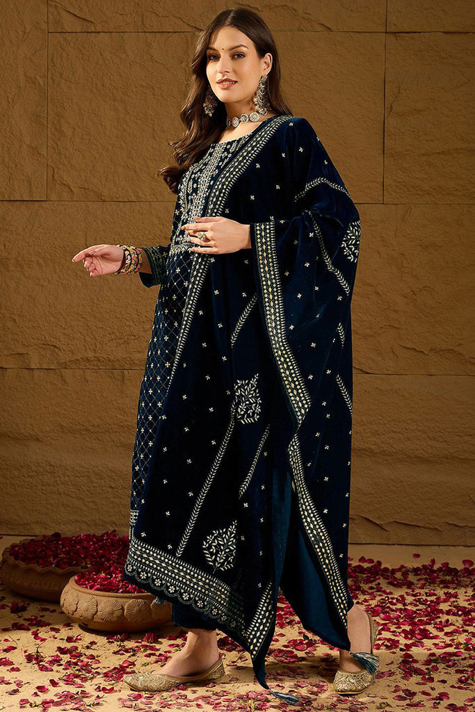 Blue Velvet Ethnic Motifs Printed Straight Trousers Suit Set PKSKD2886