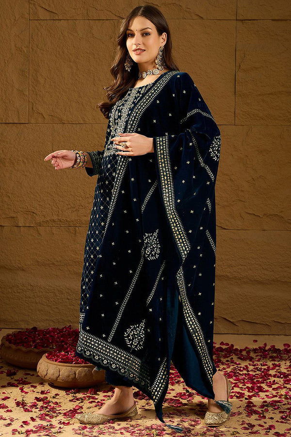 Blue Velvet Ethnic Motifs Printed Straight Trousers Suit Set PKSKD2886