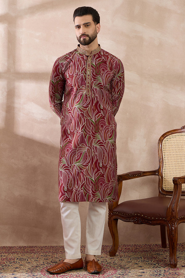 Red Silk Blend Printed Mandarin Collar Straight Kurta MKU1959