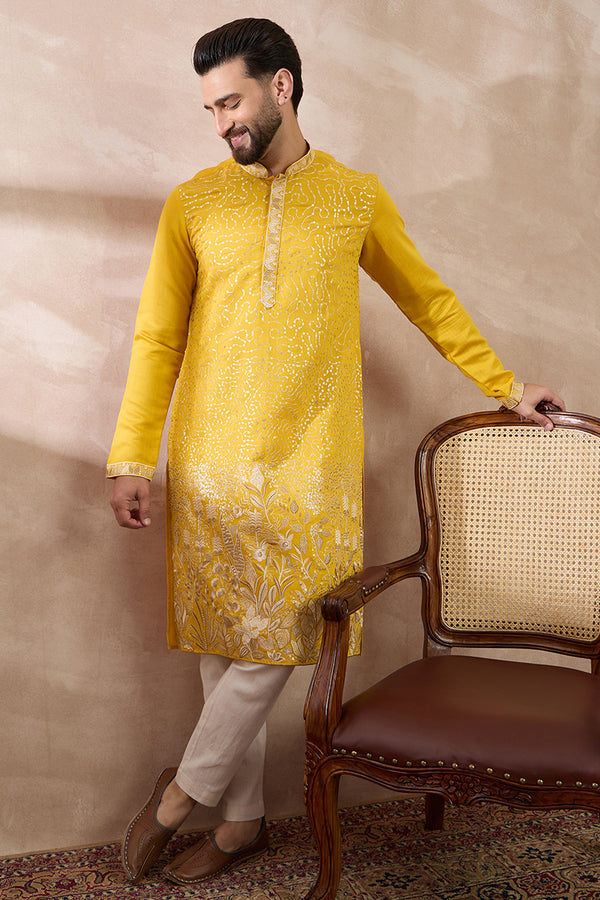 Yellow Silk Blend Embroidered Mandarin Collar Straight Kurta With Trouser MKSET2052