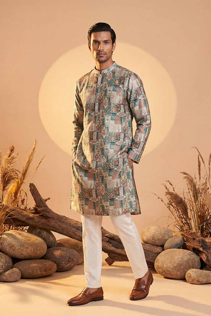 Multi Silk Blend Printed Straight Kurta With Trousers MKSET1973