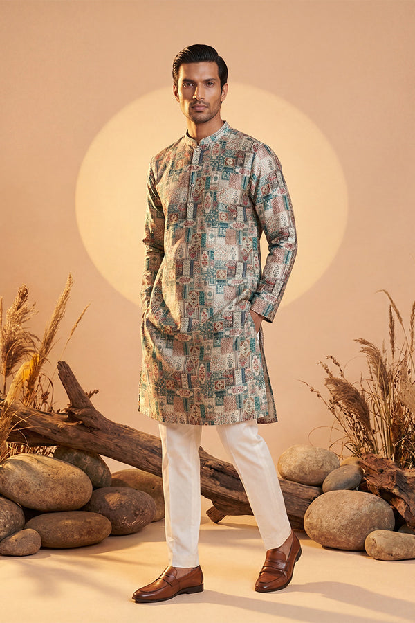 Multi Silk Blend Printed Straight Kurta With Trousers MKSET1973