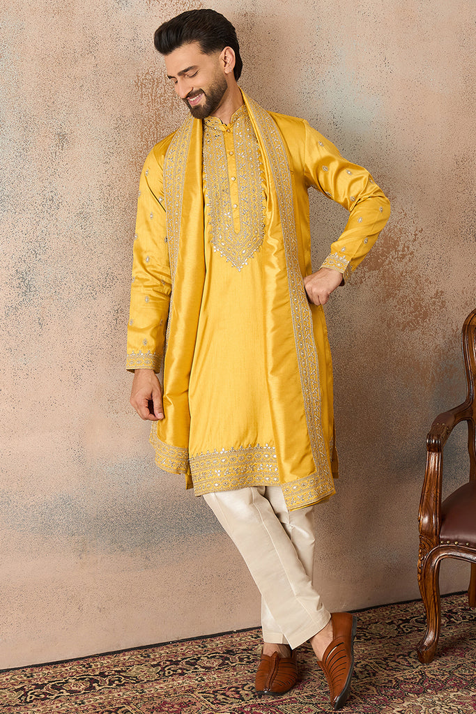 Yellow Silk Blend Solid Embroidered Kurta And Trouser With Dupatta MKPD1026