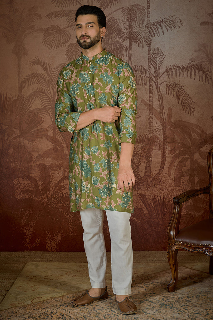 Green Silk Blend Floral Printed Kurta With Trouser MKSET2537