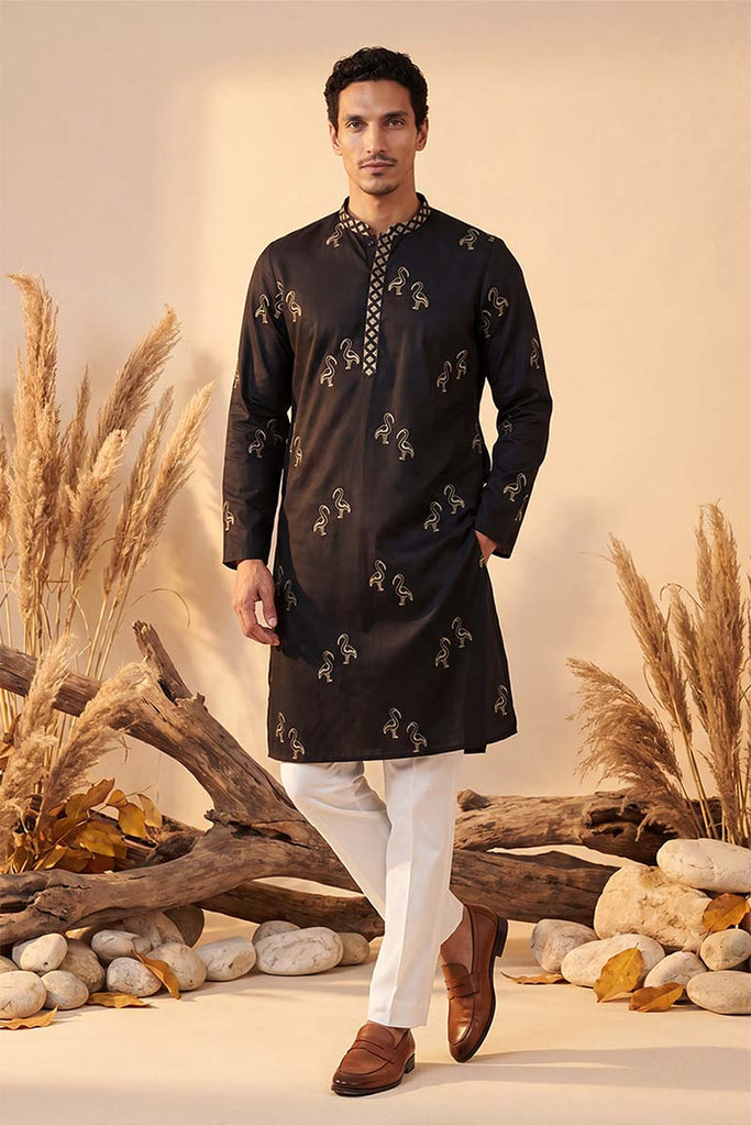 Black Silk Blend Solid Embroidered Kurta With Trousers MKSET1817