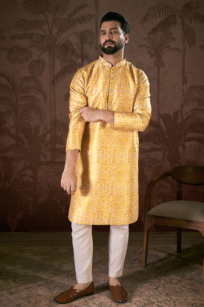 Yellow Silk Blend Floral Printed Straight Kurta With Trouser MKSET1948
